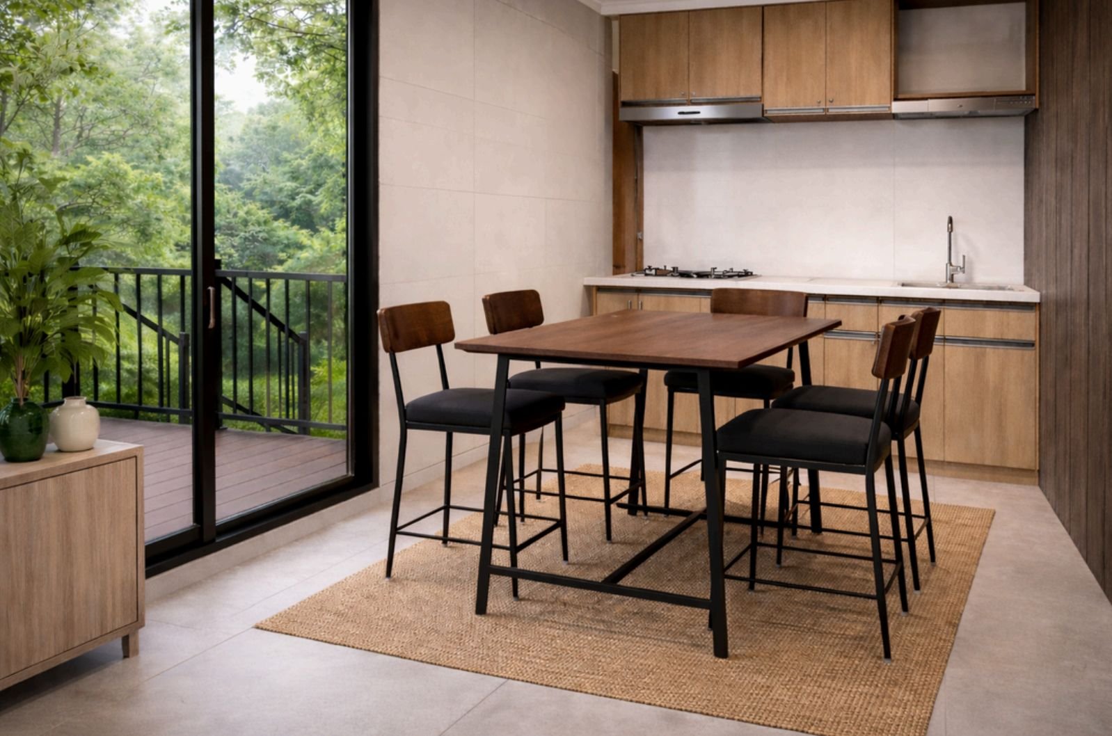 Cocina y comedor de un módulo customizable, con ventanal al exterior