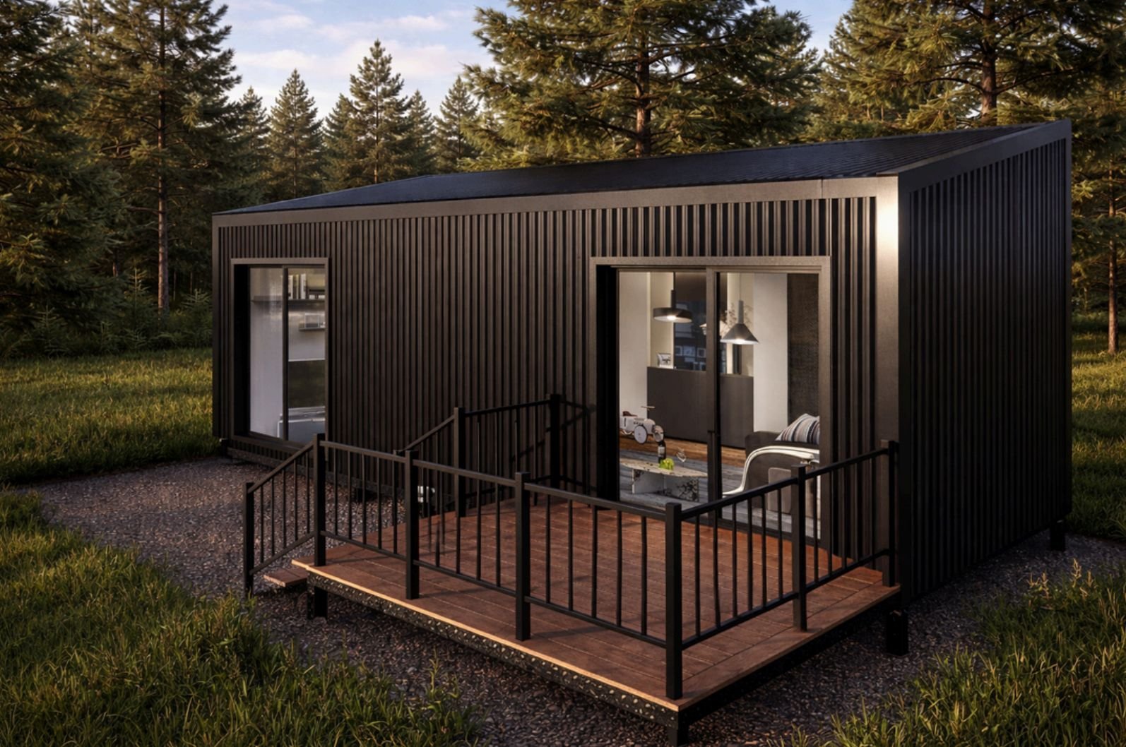 Módulo customizable de Lgm con revestimiento vertical negro y deck de madera, emplazado entre pinos
