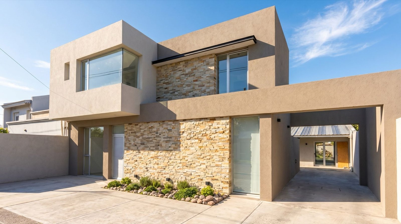 Frente de una vivienda de dos plantas terminada, con revestimiento de piedra y grandes paños vidriados, proyectada y construida por Lgm